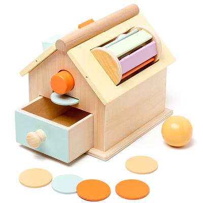 Non-Toxic Montessori Wooden Toys 5 In 1 Object Permanence Box Ball Coin Drop Toy House Rainbow Spinning Drum&Shape Sorter For Toddlers