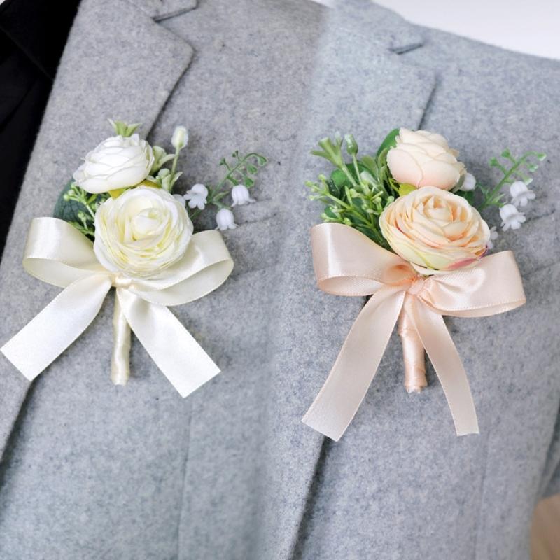 Wedding Flower Wrist Corsages Boutonniere for Bride Groom Natural Looking Artificial Rose Flower for Special Occasion