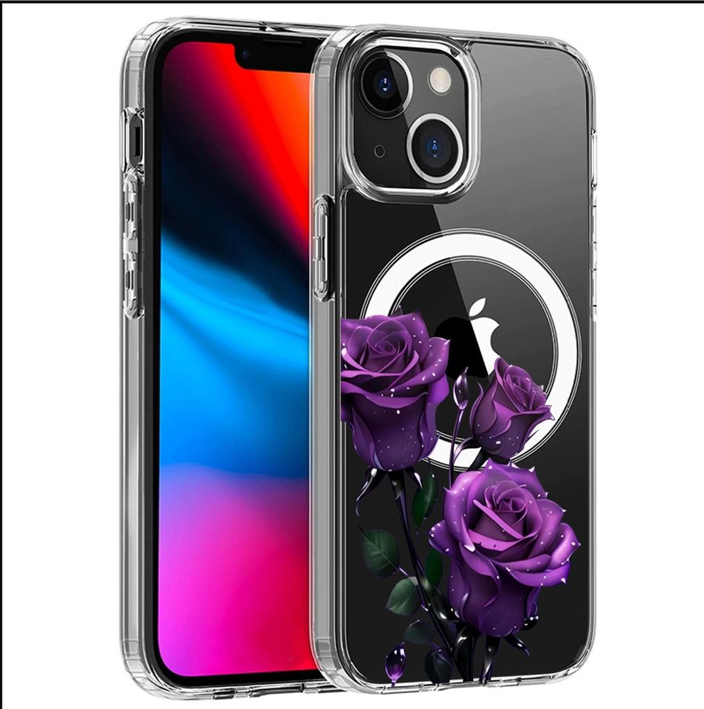 Purple Flower Magnetic Clear Case for iPhone 15/16/17 Pro Max - Full Coverage Protection