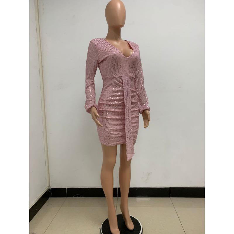 Summer Women's Dress Deep V Pleated Streamer Dress Long Sleeve Sequin Hip Wrap Dress