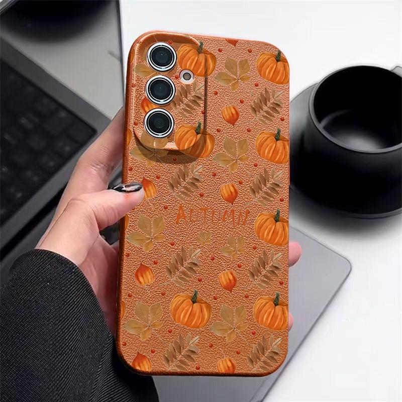 Herbst Kürbisdruck Handyhülle Für Samsung Galaxy S25 Edge S24 S25 FE S23 S22 Ultra A17 A56 A55 A54 A36 A15 A16 Silikon Ledertextur Cover