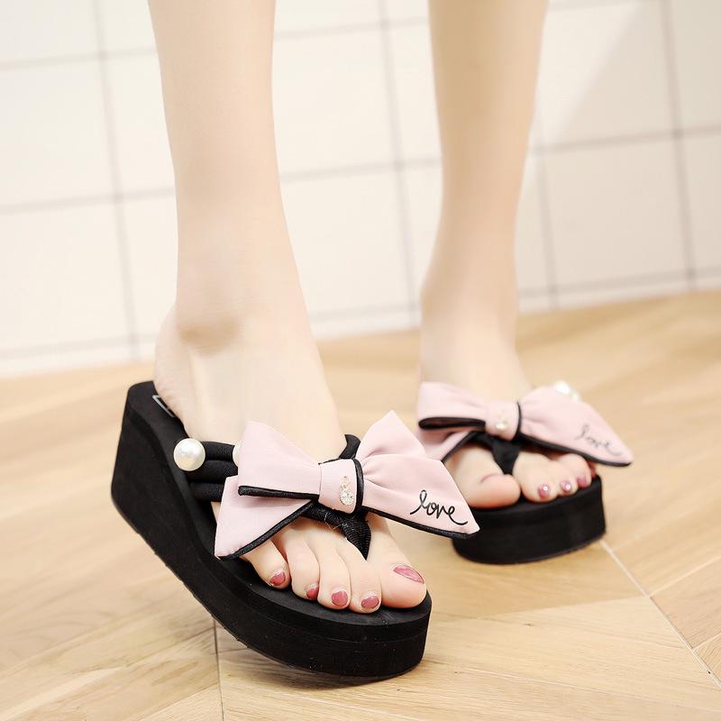 Heel Height 6cm Slippers Flip-flops Hand Sewn Bow Beach Holiday Beach Flip-flops