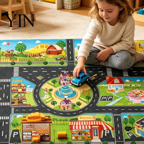 Portable Car Play Mat for Travel 51" X 39" Kids Rug Playroom Classroom, Educational Town City Road Washable Games Traffic Mat, Non Slip Carpet