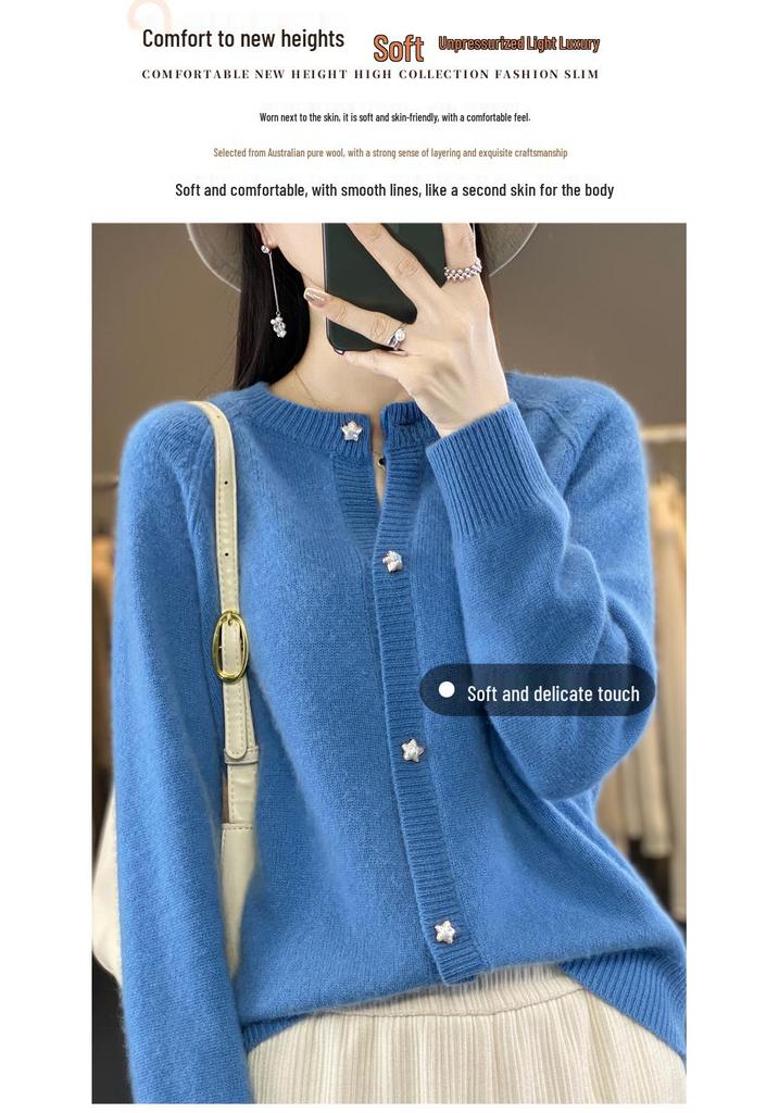 Women's 100% Cashmere Solid Color Cardigan - Round Neck, Long Sleeve (Autumn/Winter 2024)