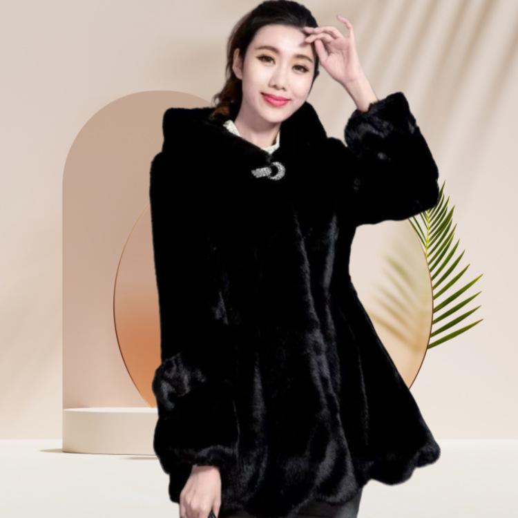 Imitation Mink Coat Slim Fit and Warm Hooded Medium and Long Imitation Fur Coat Women's New Mother Outfit