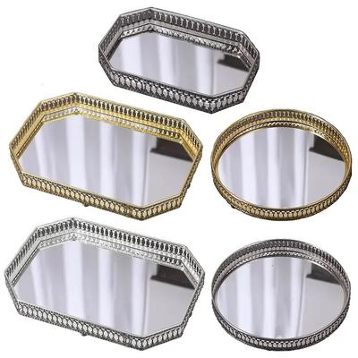 Vintage European Mirror Glass Metal Storage Tray Gold Rectangle/round Fruit Plate Desktop Small Items Jewelry Display Tray Plate