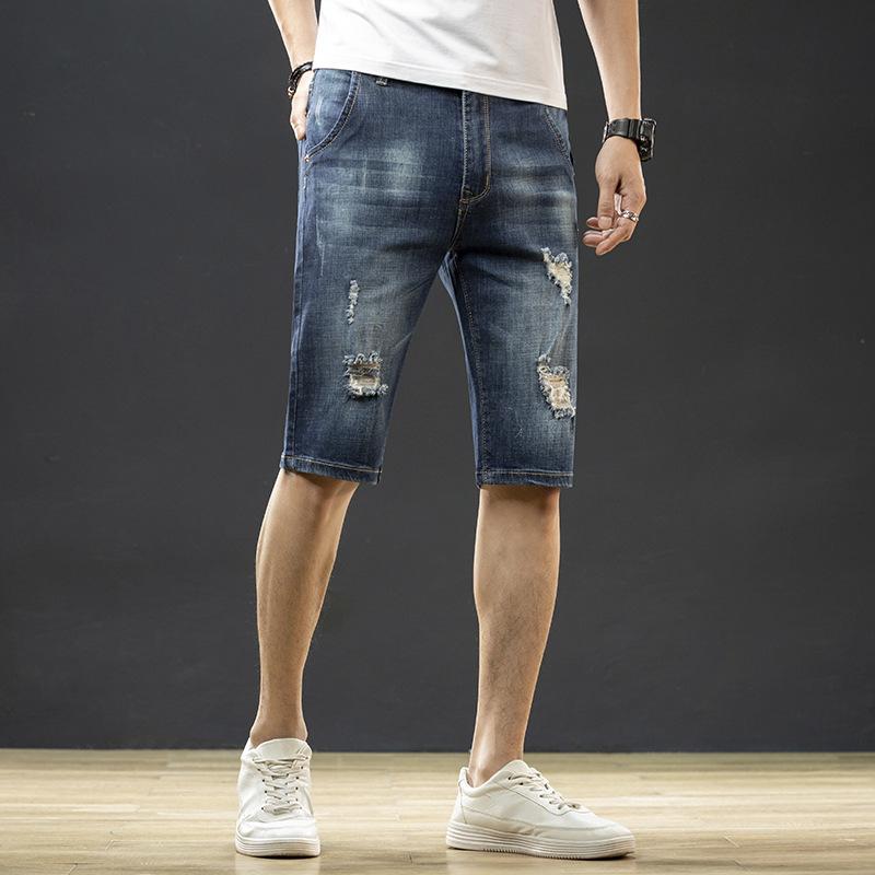 Summer Thin Men's Elastic Perforated Jeans Men's Korean Loose Straight Casual Split Pants Men's