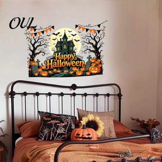 Decorative Glass Door Stickers Happy Halloween Wall Stickers, Moonlit Castle Pumpkin Clings, Waterproof Easy Apply Decals Haunted House for