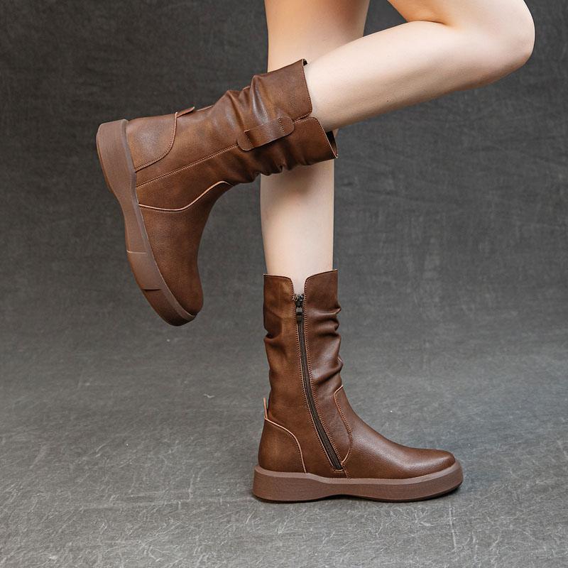 Fashion Women Boots Autumn Winter Plush Warm Mid Calf Boots Round Toe Zipper Pleated Thick Bottom Leather Cotton Boots