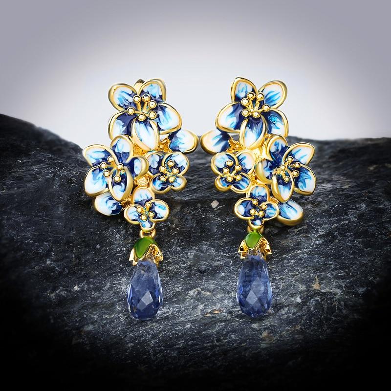 Fashion Earrings for Women Gold Color Exquisite Flowers Drop Earrings Fine Jewelry Handmade Enamel Wedding Bridal Earrings