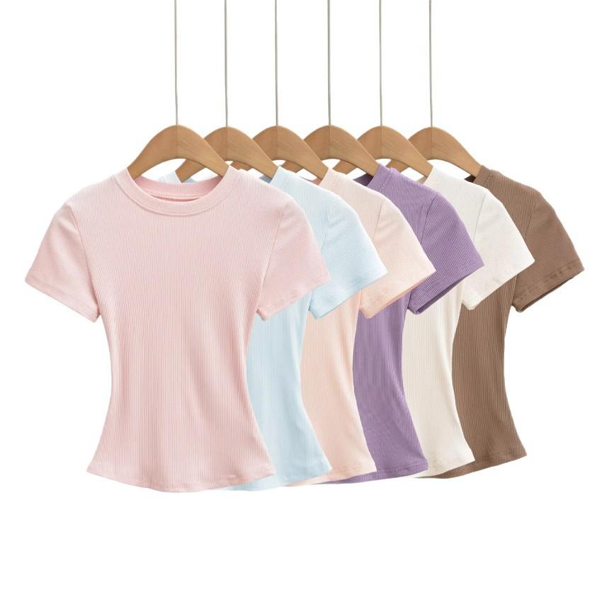 Summer New Female American Spice Girl Solid Color Crew Neck Short Sleeve T-Shirt Basic Threaded Bottom Top