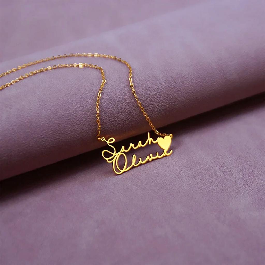 Custom Personalized Jewelry Heart Shaped Double Name Necklace 18K Gold Plated Stainless Steel Necklaces for Gift