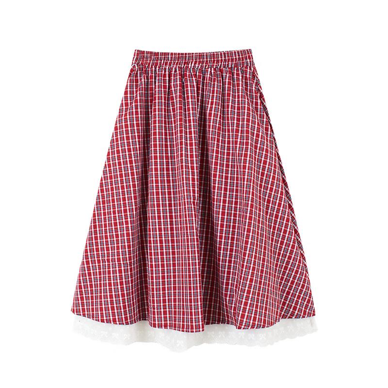 Girls' Pure Cotton Plaid Lace A-Line Skirt