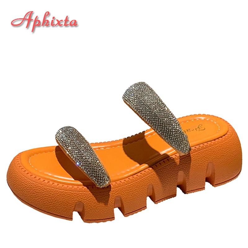 Fashion Aphixta 2025 New Summer Flat Platform Orange Slippers Women Sandals Luxury Crystals Shoes 5cm Chunky Sole Cool Slides