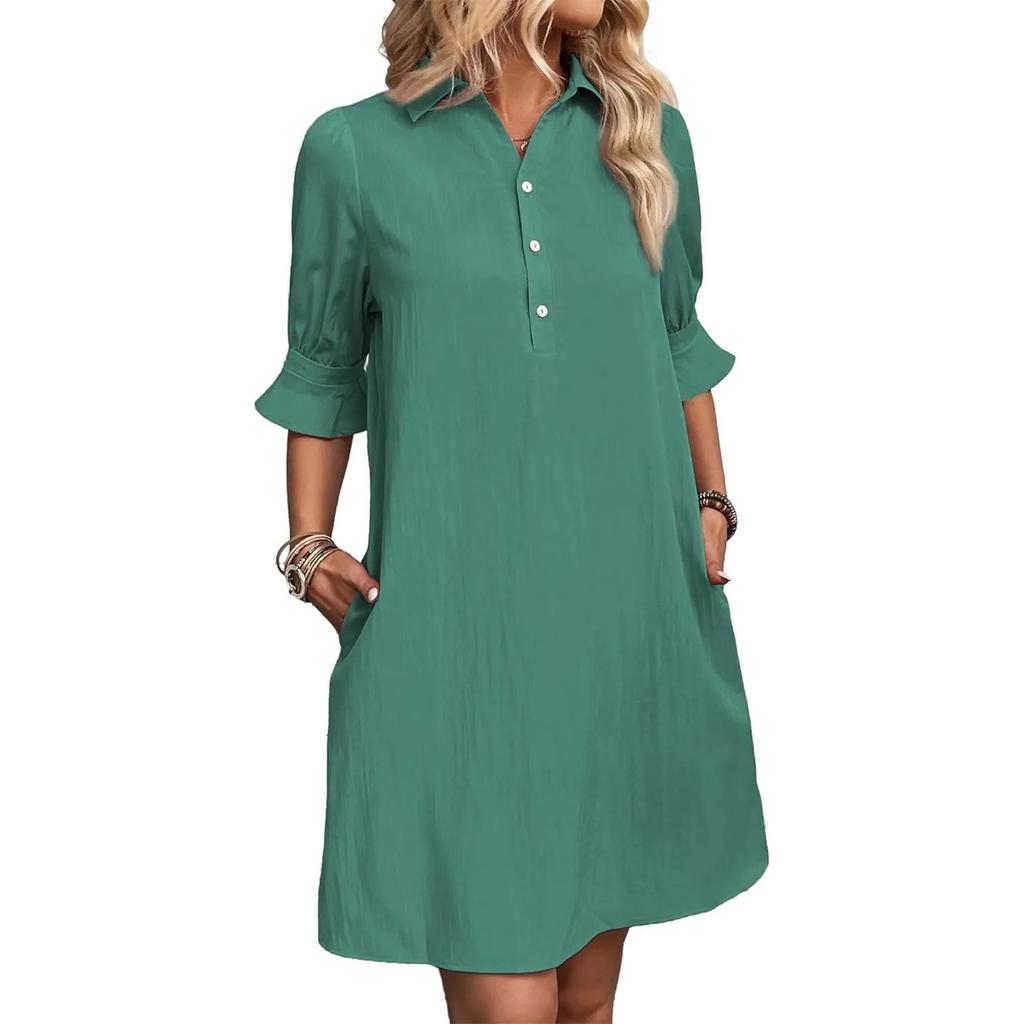 Women's Casual Fashion Summer Loose Solid Color Button Half Sleeve Dress