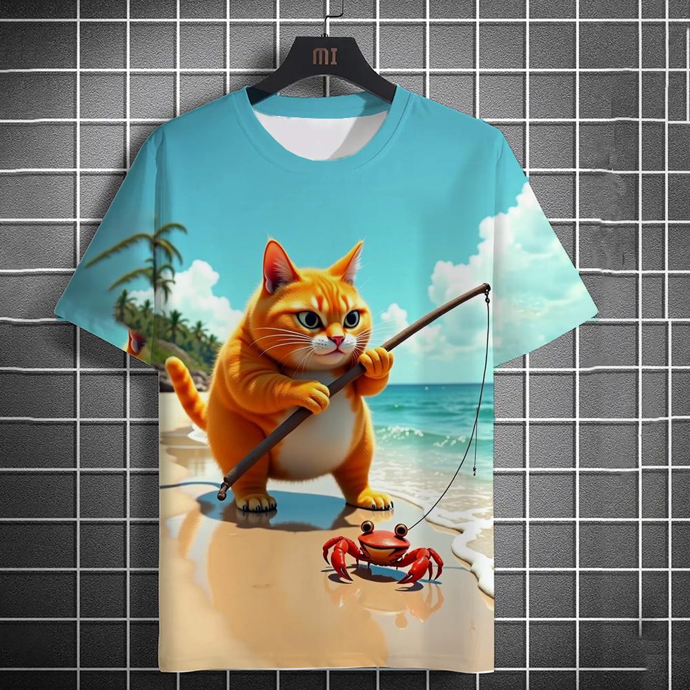 Camiseta Masculina Estampada 3D Praia Gato Pescando Camiseta de Manga Curta Estampada Diária Casual Gola Redonda Poliéster