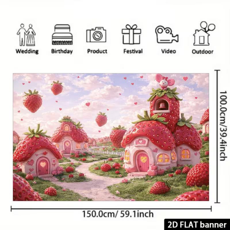 2D Magical Strawberry Houses & Hearts Photography Background