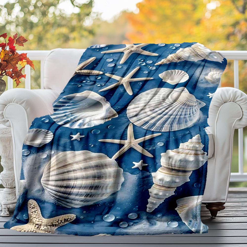 1PC shell starfishOutdoor Flannel Blanket - Soft Plush Decor for Picnics, camping, Bedroom,All-Season Cozy Gift for Christmas, Lightweight 1343A