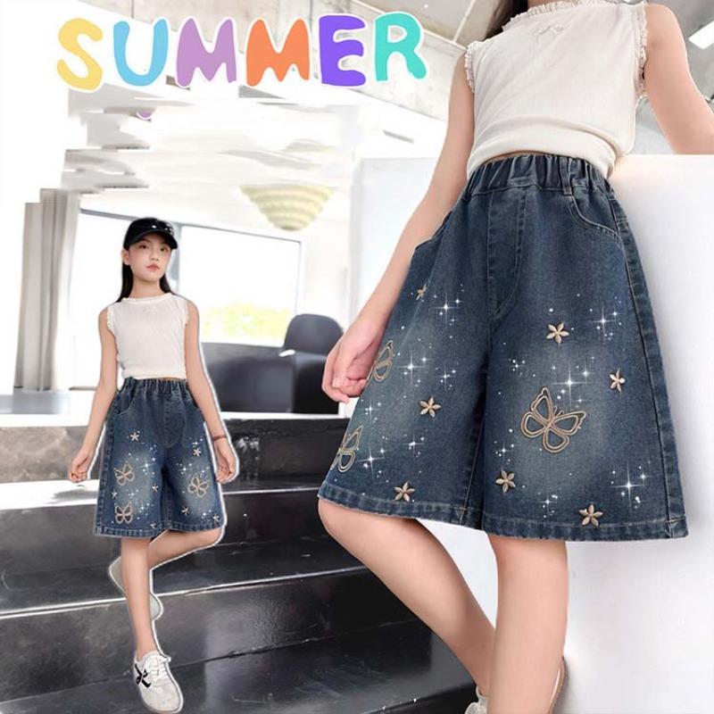 Summer Children Girls Denim Shorts Butterfly Junior Girls Loose Jeans Loose Elastic Waist Kids Teens Girls Shorts