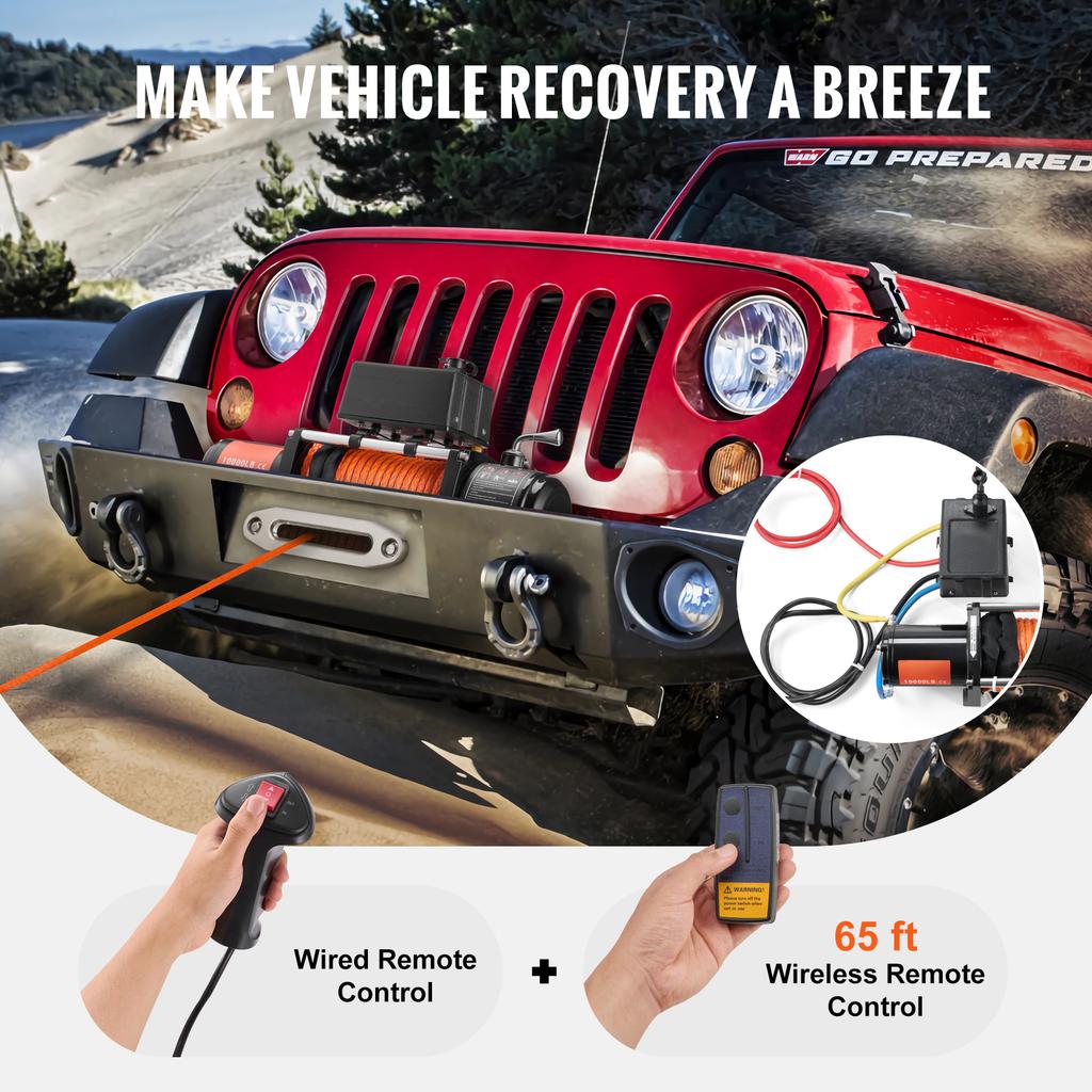 SucceBuy 10000lbs Electric Winch 12V Truck Car Winch with 65ft Synthetic Rope Wireless Control IP55 for Towing Off-Road SUV Jeep