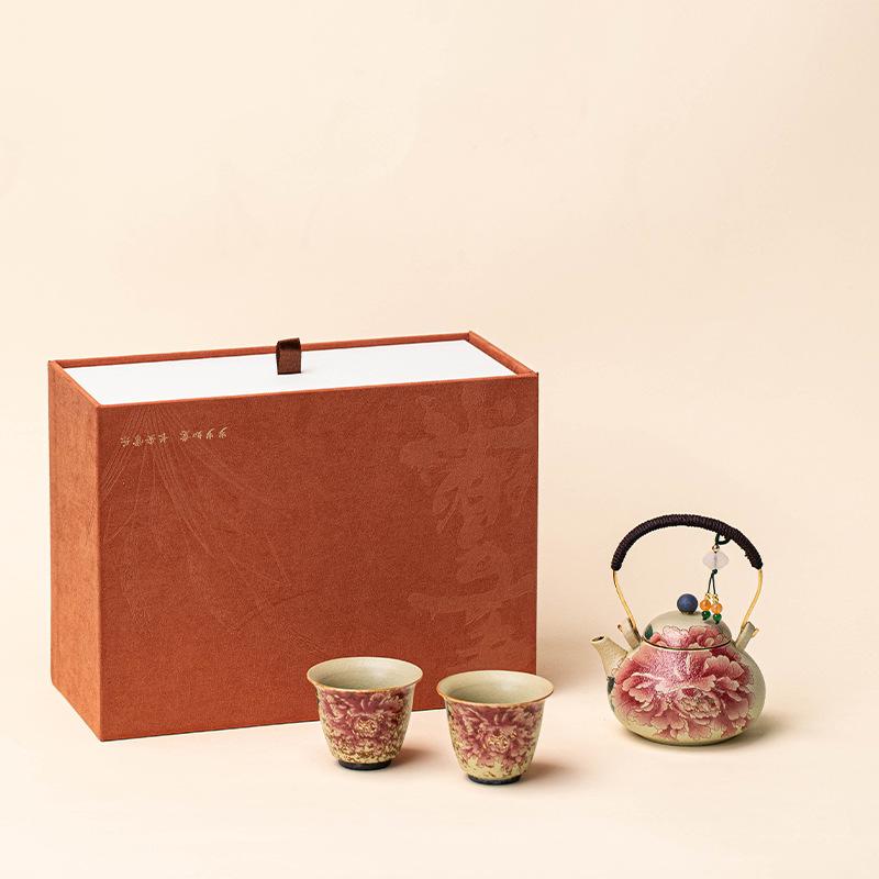 Kiln Blue White Flint Red Peony Loop Handle Teapot Set with Cups Ceramic Gongfu Tea Set Handmade Chinese Gift for Home Office