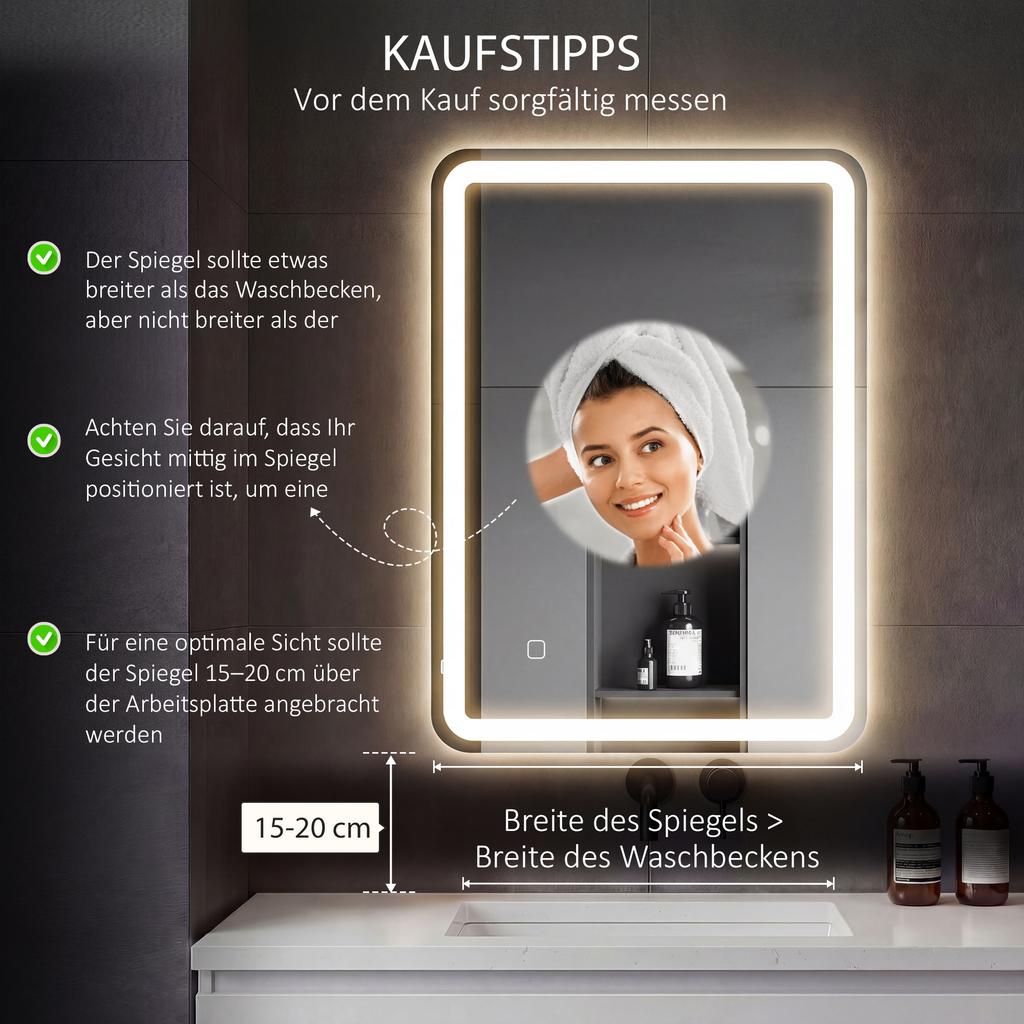 Bathroom Mirror, Illuminated, Touch Control, Fog-Free, Dimmable, 3 Light Colors, 60 x 80, Silver