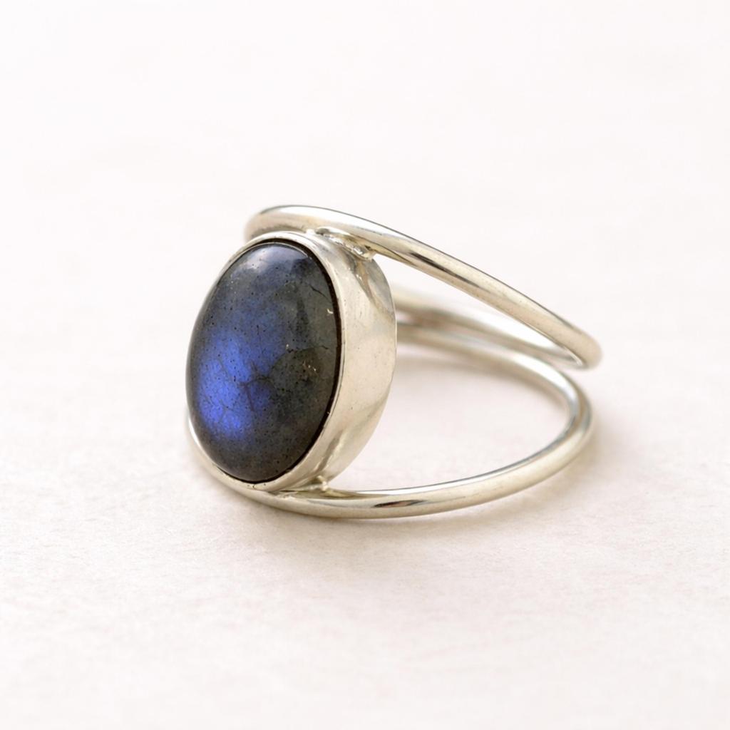 925 Sterling Silver Blue Labradorite Statement Ring – Handmade Minimalist Bohemian Jewelry