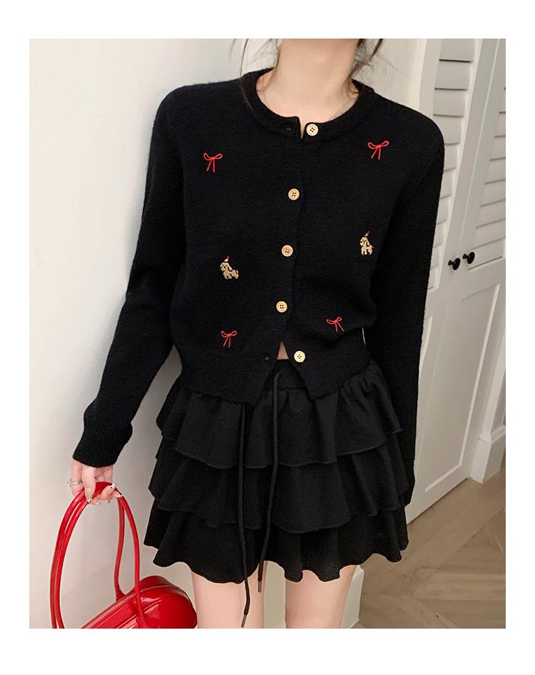 Korean Bow Embroidered Knitted Cardigan - Sweet Autumn/Winter Short Sweater for Women
