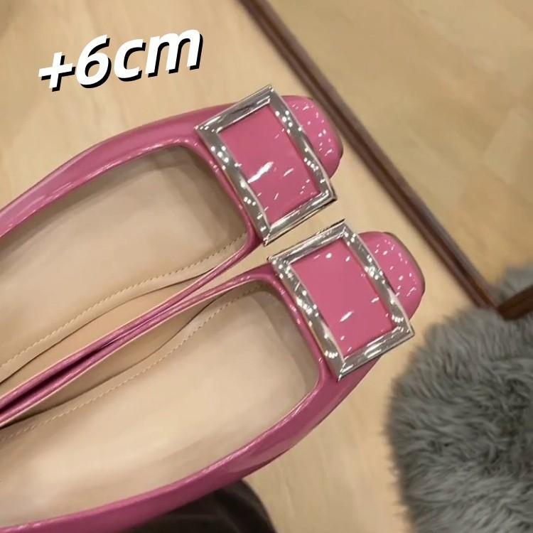 Sheepskin Version~ Inner Height Increase of 6cm French Retro Style Square Head Shallow Mouth Single Shoes Femininity Square Buckle Commuter Mary Jane