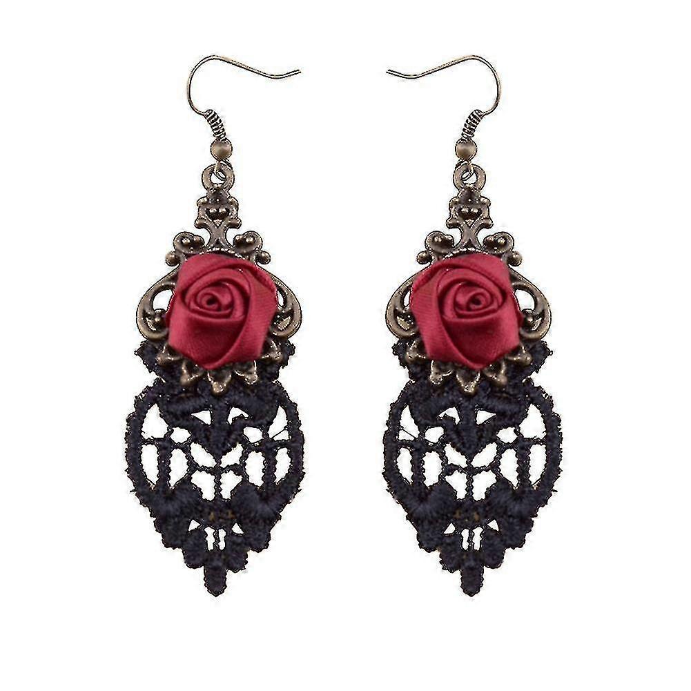 Halloween Vintage Gothic Vampire Red Rose Flower Lace Drop Dangle Hook Earrings