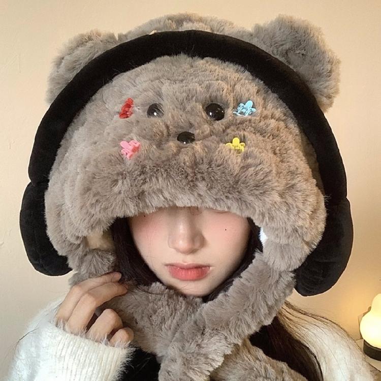 Warm Fleece Liner Earflap Hat All Age Lovely Headphones Plush Bear Hat Outdoor Activity Caps Windproof Thermal Headwear