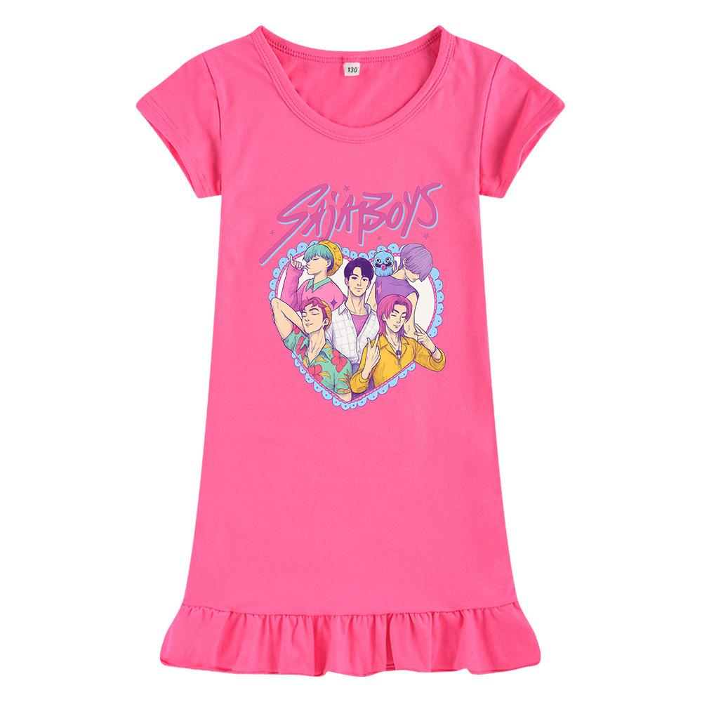 M1212 Kids Girls Sajaboys Kpop Rumi Zoey Mira Print Short Sleeves Ruffle Dress