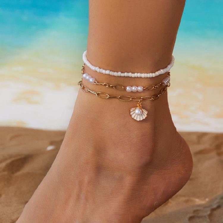 Stackable Anklet Beach Vacation Jewelry Multilayer Shell Bead Ankle Chain Handmade Comfortable Alloy Seaside Accessory