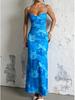 Women's Sleeveless Slim Fit Printed Lace Camisole Pleated Long Dress