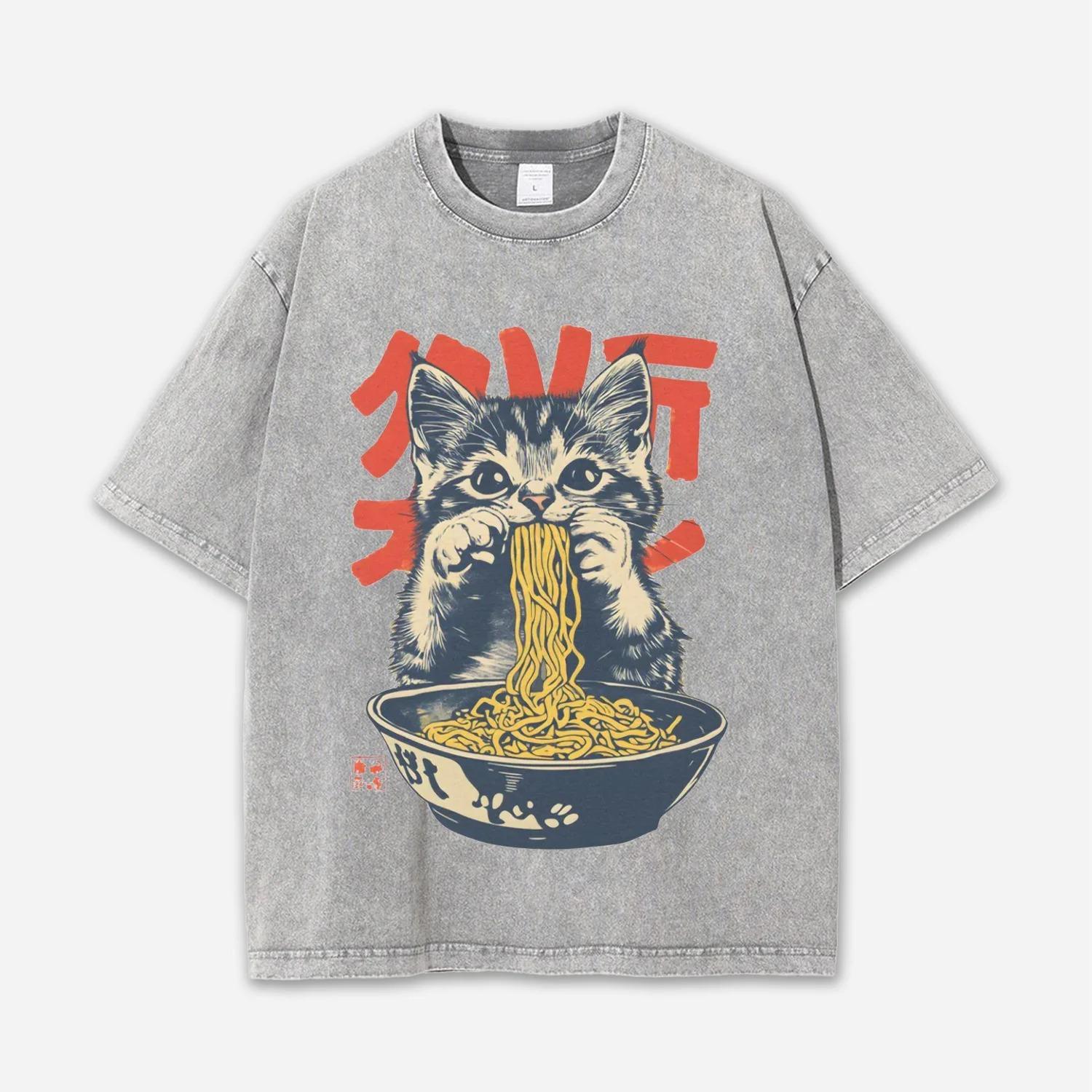 

Vintage Art Acid Washed T-shirt Japanese Cat Fashion Short Sleeve Round Neck Chic Tees Summer Heavy Weight Tunics 3XL