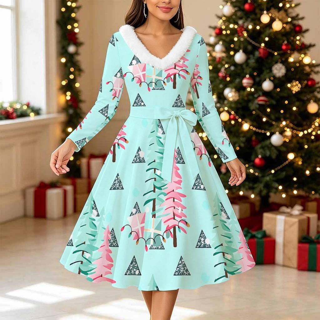 Women Christmas Tree Print Midi Dress, Long Sleeve V‑Neck Furry Trim A‑Line Party Dress, Christmas Limited Edition