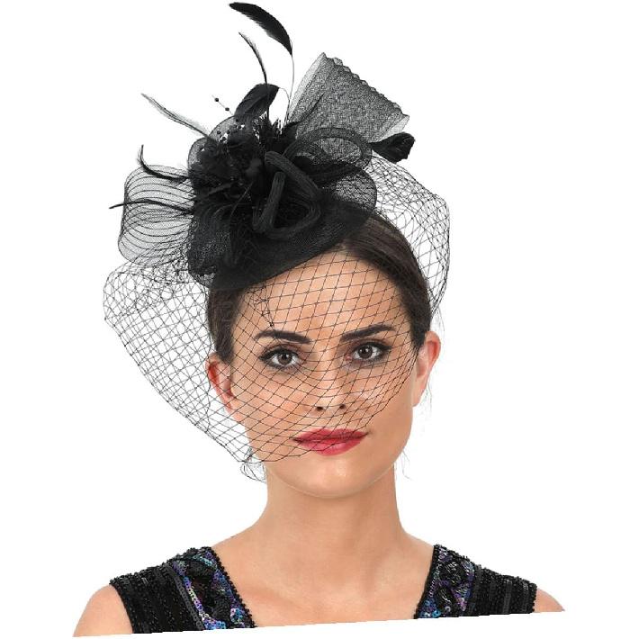 Milisten Decorative Hat with Floral Mesh Headband Cocktail Tea Party Hair Accessory for Women Wedding Special Occasion Black
