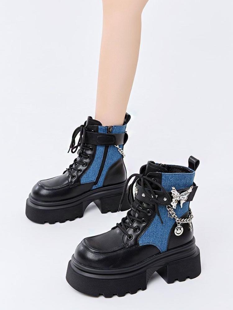 Chunky Lace-up Ankle Boots for Women Spring Autumn Leather Booties Round Toe Woman Short Shoes High Quality Y2k New Rock Boot