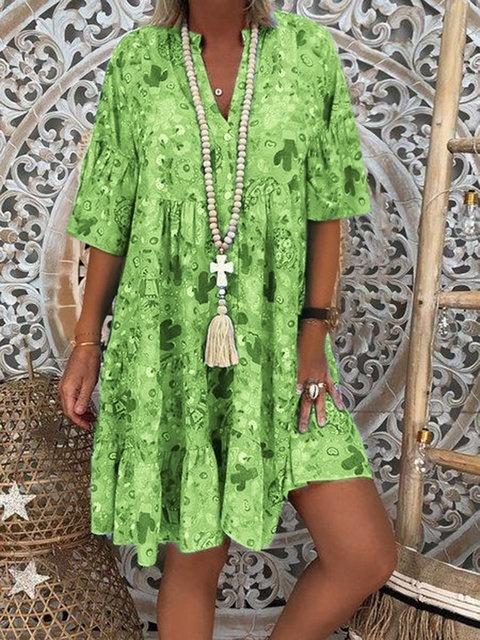 Abito Estivo Stampato Floreale Ampio Casual Scollo a V Manica Lunga Taglie Forti Moda Donna