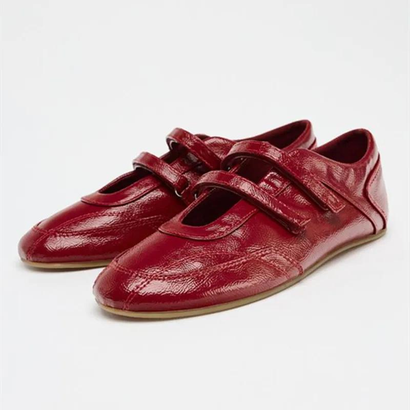 Fashion Red Patent Leather Flat Ballet Shoes Women Light Non-Slip Double-buckle Belt Flats Comfort Loafers Walking Luxury Designer Shoes