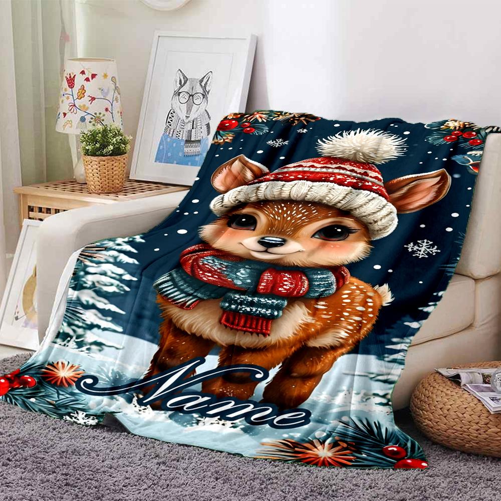 Custom Name Christmas reindeer Theme Printed Blanket - Perfect for Couch, Bed, Travel & Outdoor Use | Machine Washable, Cozy & Durable.
