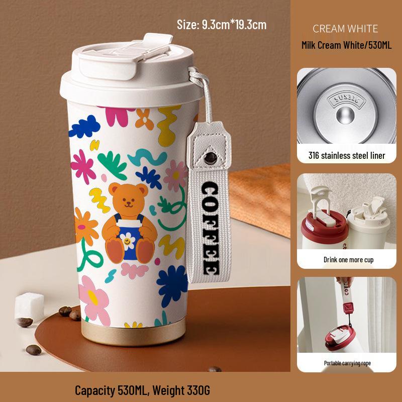 Wiggle Little Bear 316 Stainless Steel Thermos Cup with Straw - Cute, Portable Gift 530ml