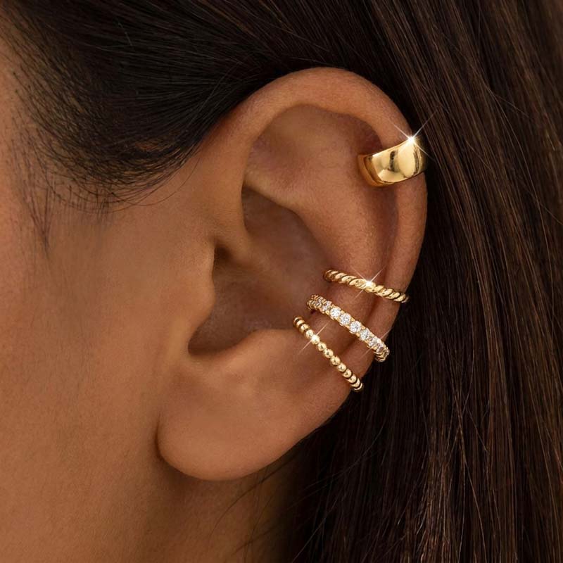 4Pcs/Set Fashion Gold Color Crystal Clip Earrings for Women Minimalist Metal C-shaped Fake Piercing Ear Cuff Ear Jewelry