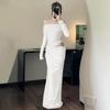 European and American Royal Sister Style Sexy off-Shoulder Mesh Hollow out Long sleeve dress Women Slim fit Hollow out Temperament Black Long dress