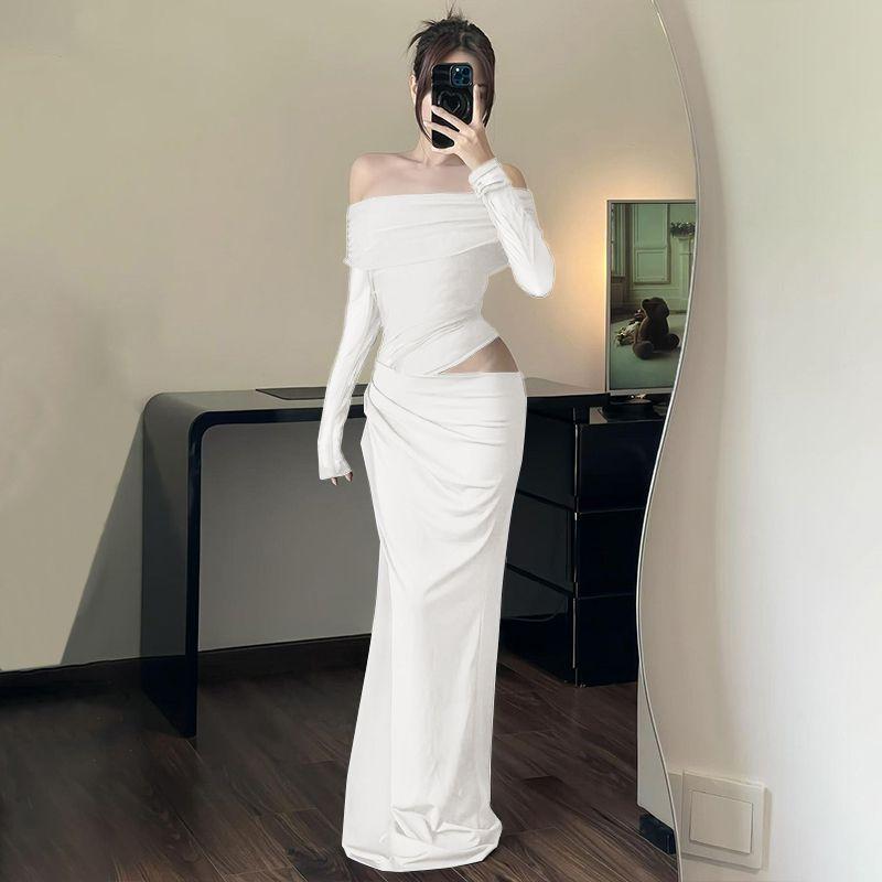 European and American Royal Sister Style Sexy off-Shoulder Mesh Hollow out Long sleeve dress Women Slim fit Hollow out Temperament Black Long dress