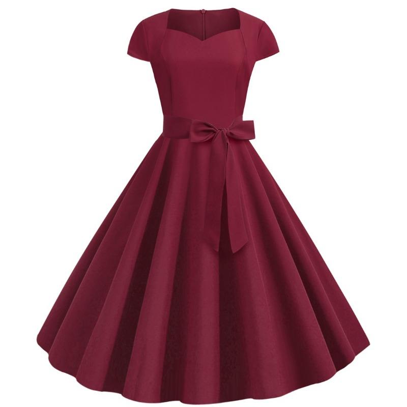 Summer new retro women's clothing bag sleeves solid color belt big swing dress