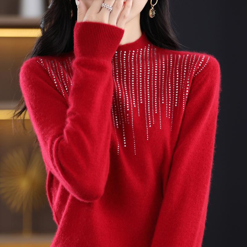 Women's Half Turtleneck Diamond Sweater, Qinghe Cashmere, 30% Cashmere 70% Wool, Winter Knitted Pullover Autumn Sweater Cashmere Sweater