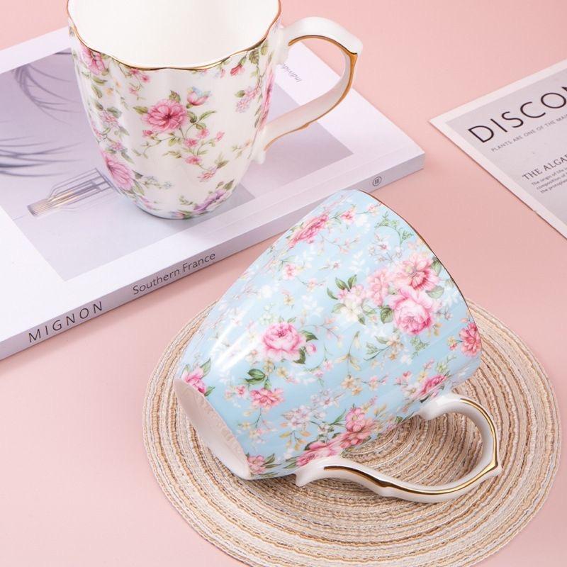 Bone China Coffee Mug – Gold Rim Floral Porcelain Cup for Tea, Milk & Home Office Use