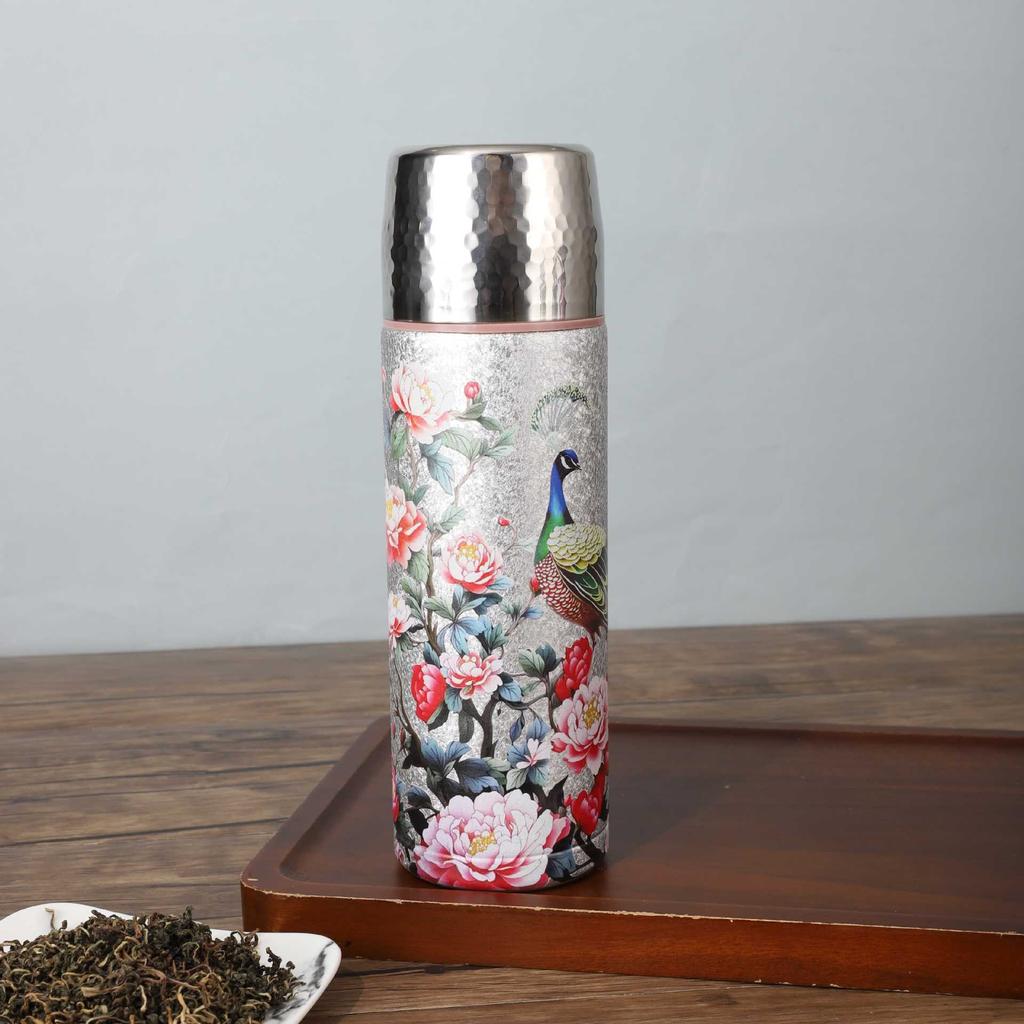 High-Value Titanium-Covered Double-Layer Thermos Cup Portable Hammer-Pattern Vacuum Stewed Teacup Light Luxury High-End Business Gift Cup