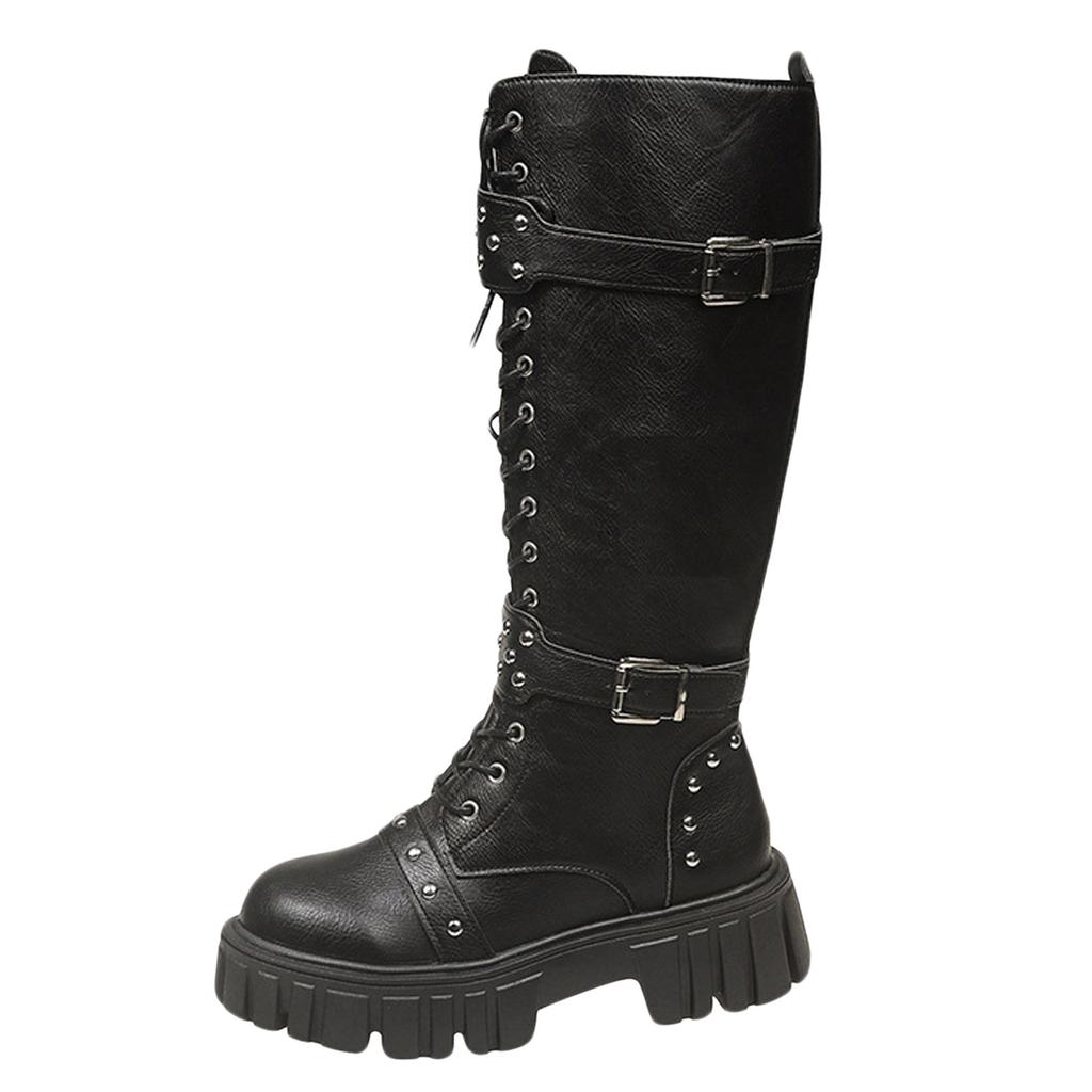 Women's Casual Long Riding Boots Women's Round Toe Square Heel Lace Up Leather Boots High Heels Boots for Women Sexy Size 12